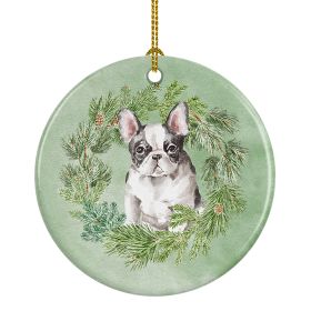 French Bulldog Black and White Christmas Wreath Ceramic Ornament Christmas Tree Hanging Decorations for Home Christmas Holiday, Party, Gift, 3 in