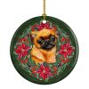 Small Brabant Griffon Poinsetta Wreath Ceramic Ornament Christmas Tree Hanging Decorations for Home Christmas Holiday, Party, Gift, 3 in, Multicolor