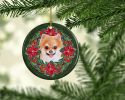 Pomeranian #2 Poinsetta Wreath Ceramic Ornament Christmas Tree Hanging Decorations for Home Christmas Holiday, Party, Gift, 3 in, Multicolor