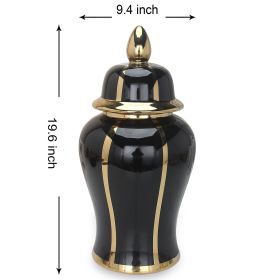 Black Linear Gilded Ginger Jar with Removable Lid (Color: as Pic)