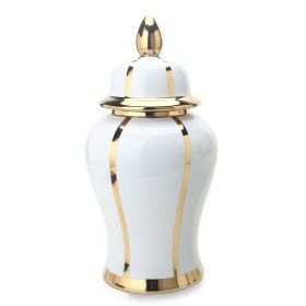 White Linear Gilded Ginger Jar with Removable Lid (Color: as Pic)